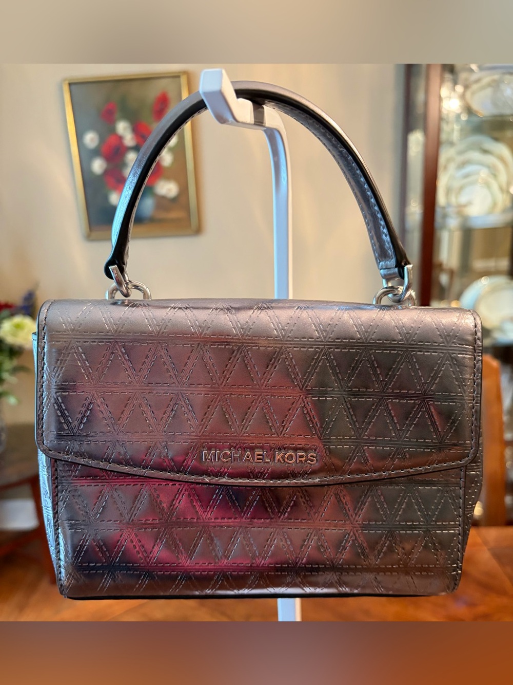 NWT MICHAEL KORS Metallic Gunmetal QuiltTop-Handle w/CB Metal Chain -MSRP $198
